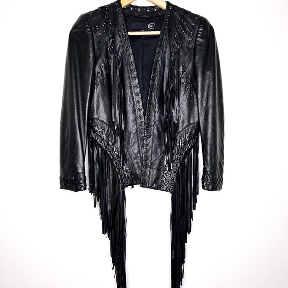 Black leather Just Cavalli Jacket Croped with fringe Size 38 - Picture 1 of 8